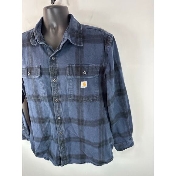 Carhartt Loose Fit Heavyweight Flannel Shirt Blue Size Large Plaid Fall Western - Picture 11 of 12